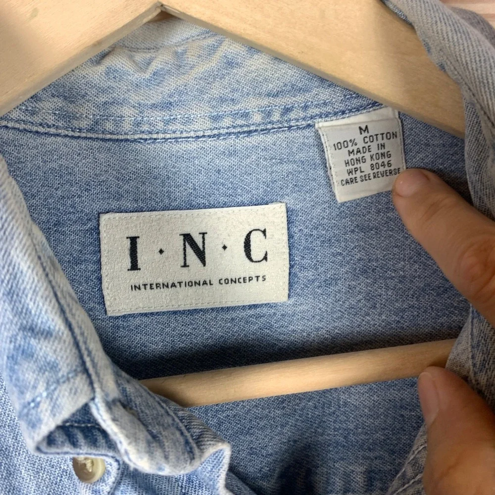 INC Denim Shirt Mens M‎ Blue Chambray Long Sleeve Workwear VTG 90s Hong Kong